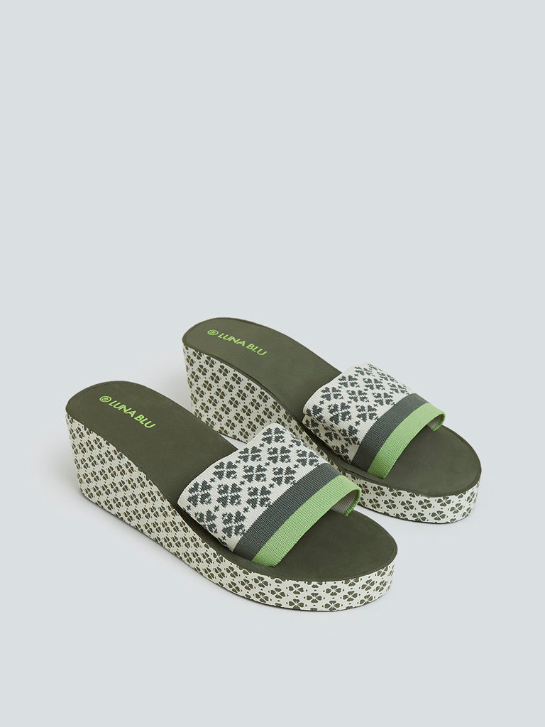 LUNA BLU Olive Floral Design Wedge Heel Slides